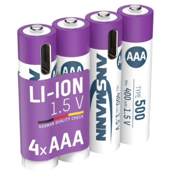 4er Pack ANSMANN® Li-Ion Akkus 1.5V Micro AAA Typ 500 (min. 400 mAh) mit USB-C Anschluss